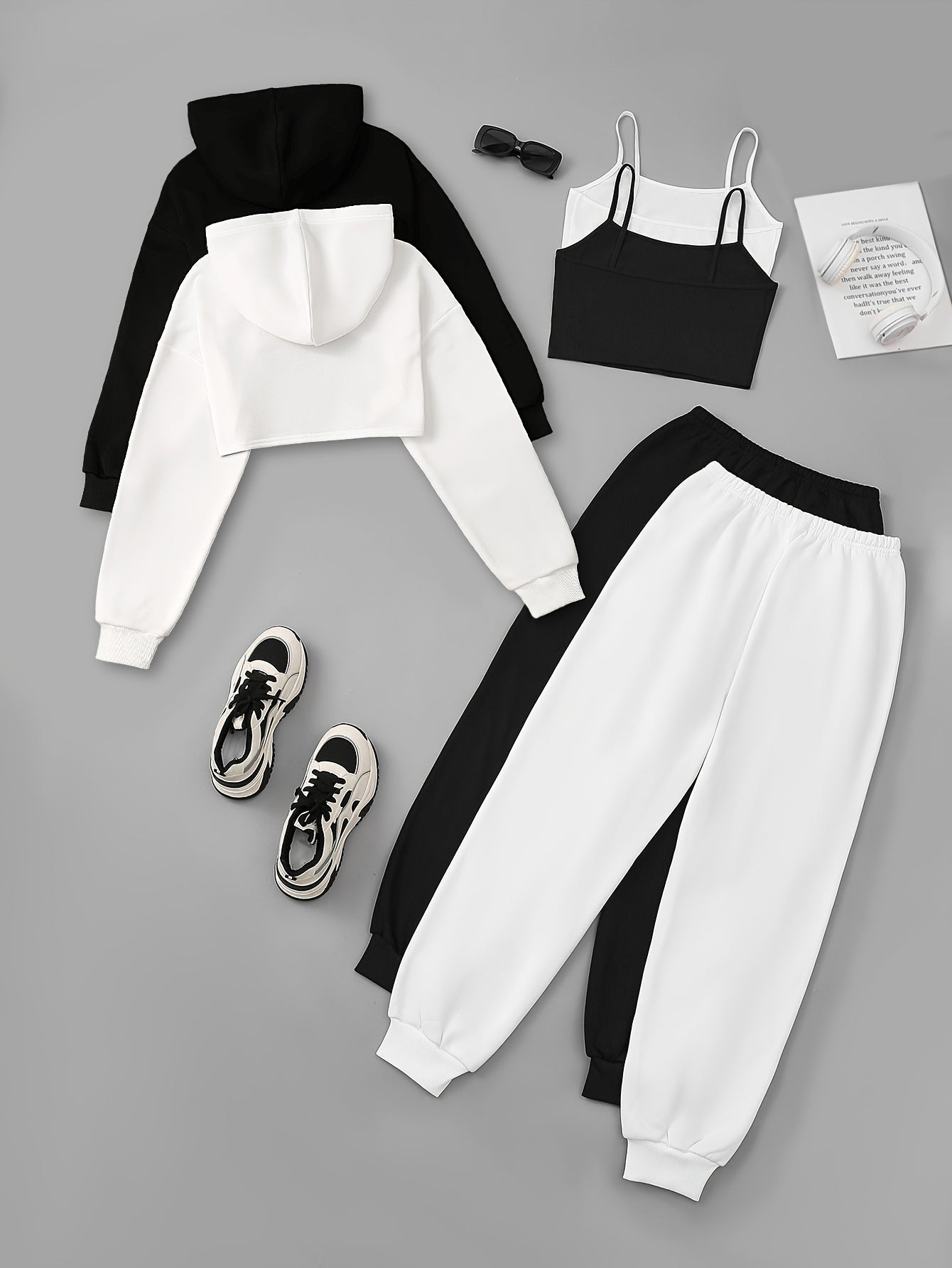 3pcs Chic Black & White Letter Print Hoodie Set - Casual Polyester Outfit with Crop Top, Bra & Elastic Waist Pants, Machine Washable - Women's Streetwear Ensemble